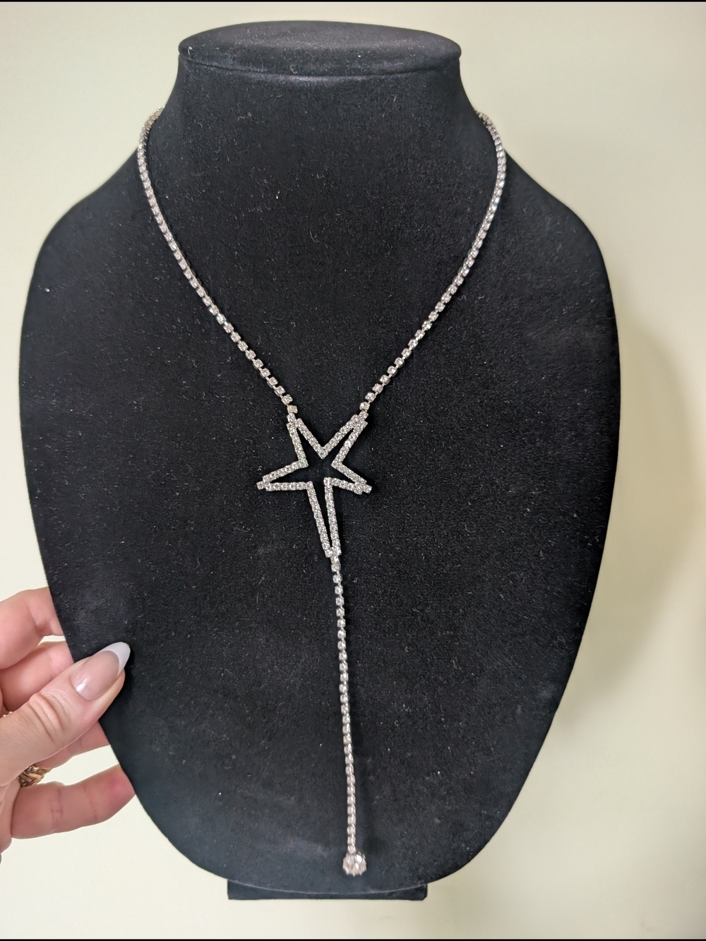 Silver Star Lariat Necklace - Sparkling Rhodium-Plated Y Drop Simon Chang - Picture 4 of 11